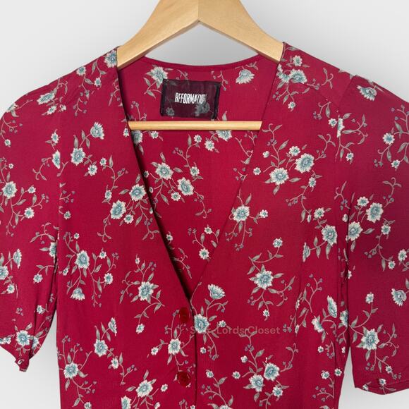 Reformation Floral Mini Dress Fit & Flare Ruched Detail Sleeve Button Down Red 2 - Picture 4 of 7